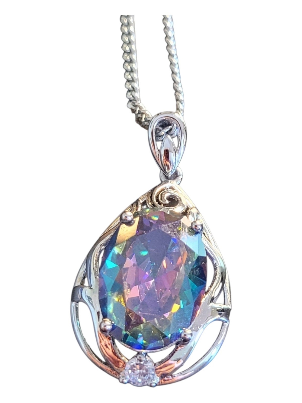 Mystic Rainbow Oval Pendant Necklace - Silver Tone